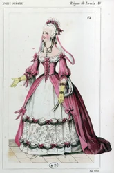 Nainen pukeutuneena Mme de Pompadourin kaltaiseen mekkoon, noin 1810 (kaiverrus).