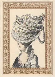 Nainen, jolla on valtava hattu, jota kutsutaan vuosisadan onnellisuudeksi. de Laubaderen käsivärinen litografia Octave Uzanen teoksesta Stylish Hairstyle or Eccentric Finery from the era of King Louis XVI, Hairstyles de Style, La Parure Eccentric, Rouveyre