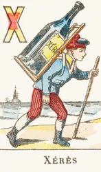 X : Xeres, poika pitää selässään suurta viinipulloa - Games Alphabet, n.1890 (kaiverrus)