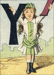 Y - ABCD:stä otettu kaiverrus pikkutytöistä. Pellerin & Cie, kirjapaino-kustantaja, Epinal, noin 1890. Serie A. Mitat: 19 x 13,5 cm.