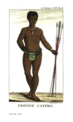 Nuori san-mies keihäiden kanssa, Etelä-Afrikka. Francois Le Vaillantilta (Levaillant).