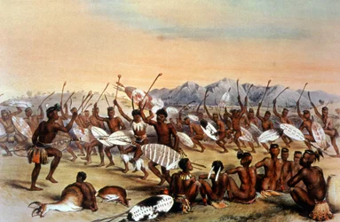Zulujen metsästystanssi, noin 1848-1849 (kaiverrus).