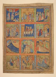 f. 1: 24 pienoiskuvan sarja Kristuksen elämästä; Seitsemän leikkausta valaistuista käsikirjoituksista. 1100-1400-luku Seitsemän leikkausta valaistuista käsikirjoituksista. 1100-1500-luku
