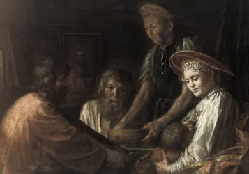 Talonpojat illallisella Mihail Shibanovin maalaus, 1774.