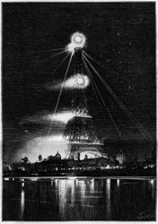 Vuoden 1889 maailmannäyttely: bengaalitulilla valaistu Eiffel-torni näyttelyn avajaisiltana 6. toukokuuta