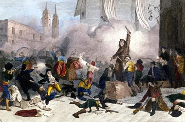 5.2.1808: Madridin kansannousu Espanjan Ranskan valtaamista vastaan. Kaiverrus 1800-luvulta