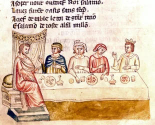Juhlakohtaus: kuningas ja hänen vieraan - Miniatyyri koodeksista "The Entrree of Spain" (Ms.Franc.21) 1300-luku. Biblioteca Marciana, Venetsia.
