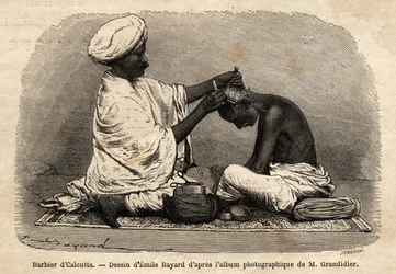 Parturi työskentelee Kalkutan kaduilla. Kaiverrus havainnollistamaan matkaa Intian pituuspiiriprovinsseissa, Alfred Grandidier, 1862-1864, julkaistu "" le tour du monde" -lehdessä, toimittanut D