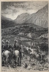 Taistelukenttä - 1800-luvun kuvitus Walter Scottin (1771-1832) historialliseen romaaniin "The Puritans of Scotland" (Old Mortality)
