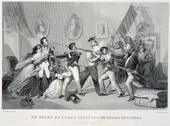 Kansalliskaartilainen pelastaa henkivartijan (29. heinäkuuta 1830) - teoksessa ”Fastes des Gardes nationales de France”