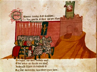 Ryhmä frangiritareita saapuu pienoislinnaan "Entree of Spainista". 1300-luvun Venetsia, Biblioteca Marciana.