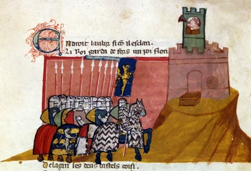 Joukko rehellisiä ritareita saapuu linnaan. Miniatyyri elokuvasta "Entree of Spain". 1300-luvun Venetsia, Biblioteca Marciana.