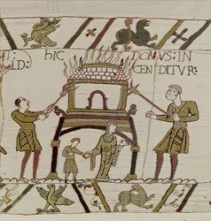 Normanit polttivat talon, Bayeux Tapestry (villakirjonta pellavalle)