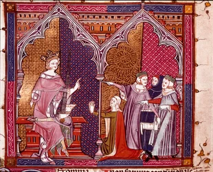 Oikeutta jakava kuningas Miniatyyri "Justiniani in Fortiatum" 1300-luvun Escorial-luostarin kuninkaallinen kirjasto, Espanja