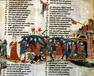 Kuningas otetaan vangiksi ja vihollisarmeija vie hänet pois samalla kun taistelun uhrit makaavat maassa. Miniatyyri Benoît de Sainte-Mauren teoksesta "Roman de Troie". 1300-luku, Biblioteca Marciana, Venetsia.