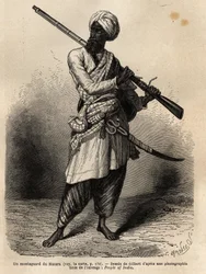 Vuorikiipeilijä Hazarasta (Punjab, Intia). Kaiverrus havainnollistamaan matkaa Pandjabiin ja Kashmiriin, Guillaume Lejeanin tarina vuonna 1866, julkaistu "Le tour du monde, nouveau journal des voyages" -lehdessä Edouard Chartonin johdolla.