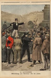 Rauhankokous Transvaalissa, Trafalgar Squarella, Lontoossa. Kaiverrus "" Le petit Journal" -lehdessä 9.8.1899. Selva Collection.
