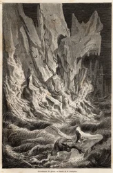 Jääkarhu on peräisin jäävuorelta, kun Spitzbergistä, Jäämeren saaristosta, jäälohkon romahtaminen, piirros V. Foulquier, havainnollistaa Huippuvuoret vuosina 1838-1839, Charles Martins. Kaiverrus kirjassa "" Le tour du monde"", toimittanut