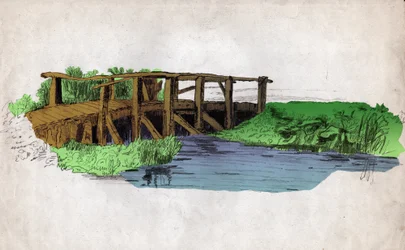 Pieni puinen silta joen yli (piirustus, noin 1830)