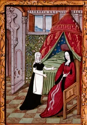 Nuori nainen luultavasti Louise Laval (kuoli 1480) makuuhuoneessa miniatyyri palvelijansa kanssa, joka on otettu "" Histoire de Jean III de Brush et de sa femme Louise de Laval"" (ms. 1475, fol. 10r) Chantilly, musee Conde