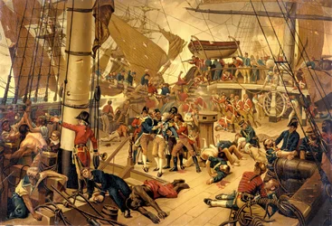 Amiraali Nelson loukkaantui vakavasti Victory Bridgellä Trafalgarin taistelun aikana 21.10.1805.