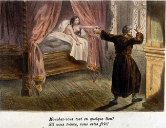 Aviorikos: yllätetty munkki yrittää piiloutua, ja alaston nainen makaa vuoteessa. Litografia, päiväämätön, 1800-luvun alkupuoli.