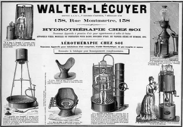 Mainos vuodelta 1889 liikkuvista kalusteista kylpyammeille, vesisuihkuille, kuivalle tai märkähöyrylle, bidee, tuotemerkki Walter-Lecuyer (Walter Lecuyer).