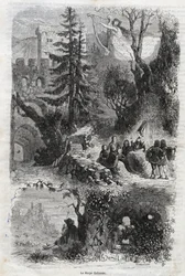 Aeolinen harppu - tuulen soittama soitin - kaiverrus vuodelta 1860