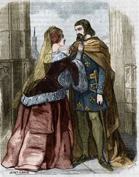 Agnes Sorel (1422-1450) (Beaute sur Marnen rouva) (Beaute-sur-Marne) ja Ranskan kuningas Kaarle VII Jumiegesin luostarissa. Kaiverrus 1800-luvulta.