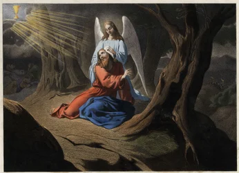 Agony in the Garden - Kristuksen rukous oliivipuutarhassa. Anonyymi kaiverrus 1800-luvun puolivälistä.