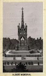 Albert Memorial, Lontoo, Englanti. 1800-luvun lopun kromolitografia.