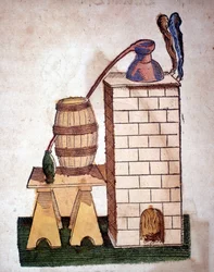 Alkemia: tislauslaitteet. Kaiverrus Pietro Andrea Mattiolin (Matthiole) (1500-1577) kirjasta. Frankfurt