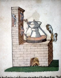 Alkemia: tislauslaite, otettu Pietro Andrea Mattiolin (Matthiole) (1500-1577) kirjasta. Frankfurt