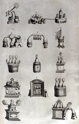 Alchemy: levy, joka edustaa erilaisia tislauslaitteiden malleja ja still-kuvia. Athanase Kircher (tai Athanasius Kircheri 1602-1680), saksalainen jesuiitti. 1700-luvun kaiverrus.