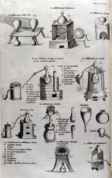 Alchemy: levy, joka edustaa erilaisia tislauslaitteiden malleja ja still-kuvia. Athanase Kircher (tai Athanasius Kircheri 1602-1680), saksalainen jesuiitti. 1700-luvun kaiverrus.