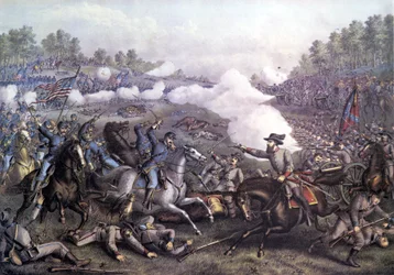 Amerikan sisällissota (1861 - 1865): Opequonin taistelu tai kolmas Winchesterin taistelu, Virginia 19. syyskuuta 1864. Kaiverrus 1800-luvulta.