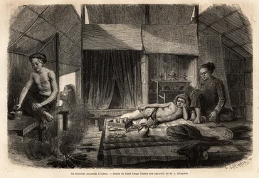 Annamite-sisustus Lakonissa (Laos). Kaiverrus havainnollistamaan tutkimusmatkaa Indokiinassa, luutnantti de Vaissseau Francis Garnier, vuosina 1866-1868, julkaistu "" Le tour du monde""" 1870-1871, toimittanut Edouard Charton, painos Hachette, Pa.