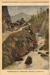 Säiliöonnettomuus penkillä Savoiella, ajoneuvo kaatuu ja matkustajat saostuvat Arlyssa. Kaiverrus "" Le petit Journal" -lehdessä 2/08/1896. Selvan kokoelma.