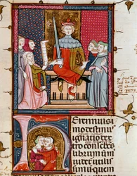 Avionrikkoja nainen, joka esiintyy miniatyyrituomarin edessä "Justiniani in Fortiatumista" Fol. 39 1300-luvun Escorial-luostarin kuninkaallinen kirjasto (Escorial), Espanja