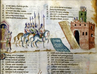 Armeija lähestyy linnaa. Miniatyyri Benoît de Sainte-Mauren teoksesta "Roman de Troie". 1300-luku, Biblioteca Marciana, Venetsia.