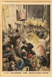 Anarkistihyökkäys Barcelonassa, pommiräjähdys Santa Marian kirkosta lähtevässä kulkueessa, katu nuevos cambios. Kaiverrus "" Le petit Journal" -lehdessä 21.6.1896. Selvan kokoelma.