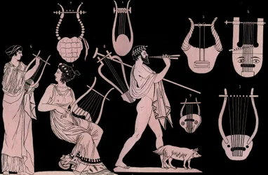 Antiikin kreikkalainen soitin: lyyra ja kithara (cithare) (kithara) - kaiverrus teoksesta "Usi e Costumi di Tutti i Popoli dell