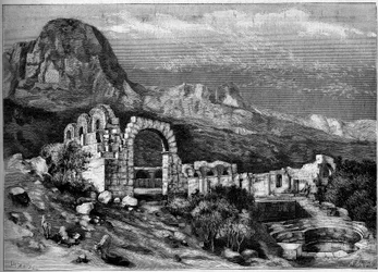 Muinainen arkkitehtuuri: Roomalaisen Zaghouanin (Tunisia) temppelin rauniot. Riugelin kaiverrus teoksessa "" The Illustrous World"" nro 1308, 22. huhtikuuta 1882.