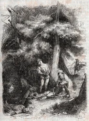 Angelique (Angelica) pelastaa Medorin (Medoro) wesse - kaiverrus vuodelta 1851 Ludovico Ariostosta "" Furious Roland"" (Orlando furioso) (1500-luku), joka tunnetaan nimellä Ariosta - Tressanin kreivi kääntänyt italiasta ja julkaisija Gustave Harv