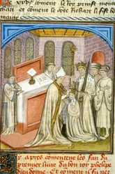 Arkkipiispa kruunasi Philippe Augusten vuonna 1179 - Keskiajan valaistus (viite 512, 226r) Pyydä lupa Toulousen kaupunginkirjastolta (puh: 05 62 27 66 66)