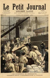Aseistus Toulonissa Dupetit-Thouars- ja Laperouse-risteilijöille ja 15 000 sotilaan nostaminen Madagaskarin tutkimusmatkalle Theophile Delcassen (1852-1923) siirtomaaministerin päätöksellä. Kaiverrus "" Le petit Journal" -lehdessä 29/10/1894. Selvan kolleg