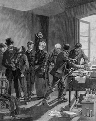Nihilistit Reinchtein ja hänen vaimonsa pidätettiin Pariisissa. Kaiverrus 1800-luvun lopulla (1890?).