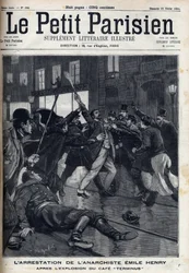 Anarkisti Emile Henryn (1872-1894) pidätys Pariisin kahvilan "Terminus" räjähdyksen jälkeen. Kaiverrus kirjassa "" Le Parisien""
