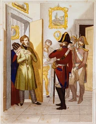 Italian joukot pidättivät isänmaallisen Federico Confalonierin (1785-1846). Kaiverrus 1800-luvun Museo del Risorgimentosta, Roomasta