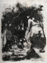 Rodomontin ja Mandricardin saapuminen Merlinin suihkulähteelle - Ludovico Arioston kaiverrus vuodelta 1851 "" Roland Furieux